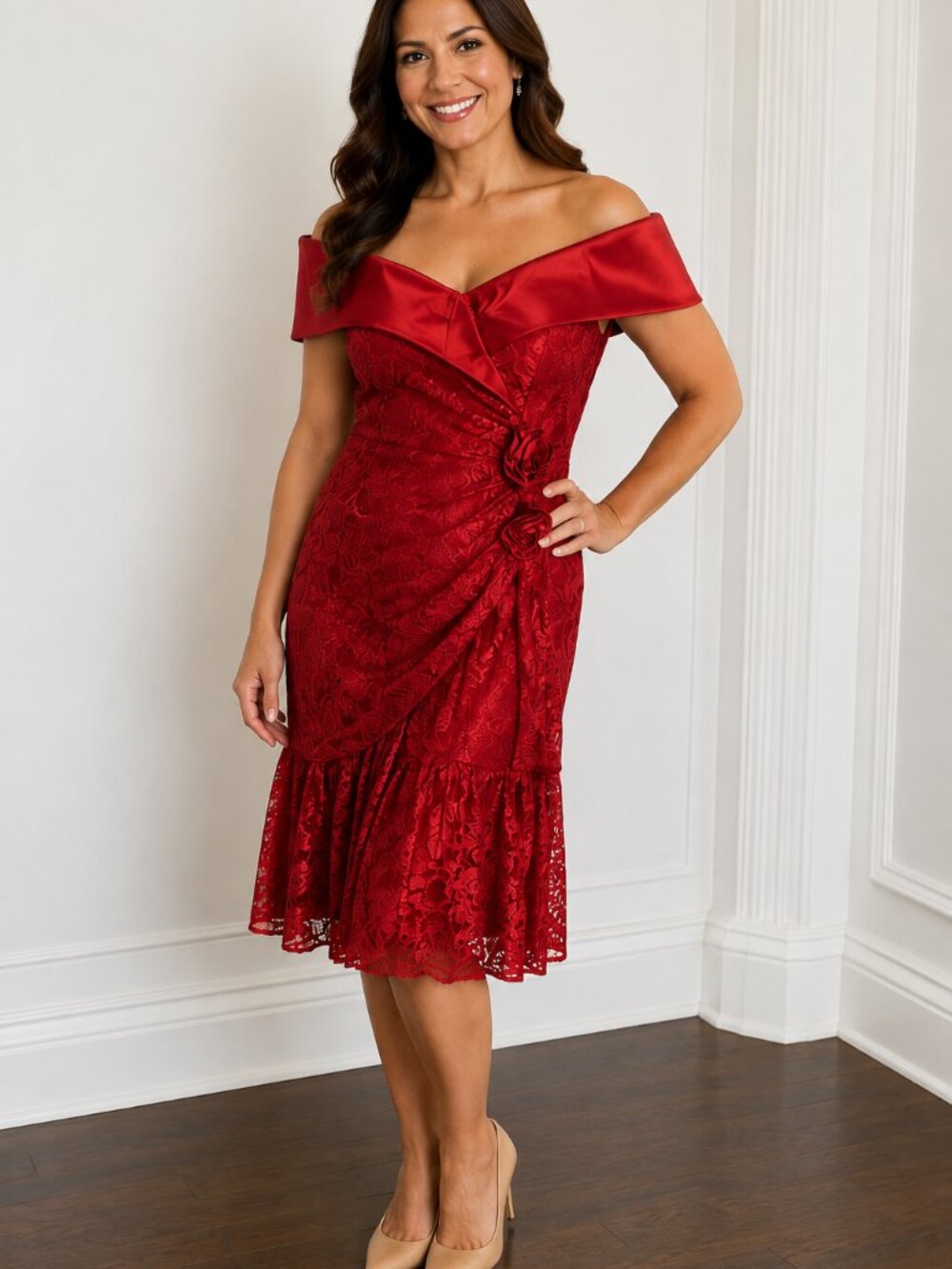 Red Off Shoulder Lace Cocktail Dress | Satin Collar | ?Size M? | Holiday Party